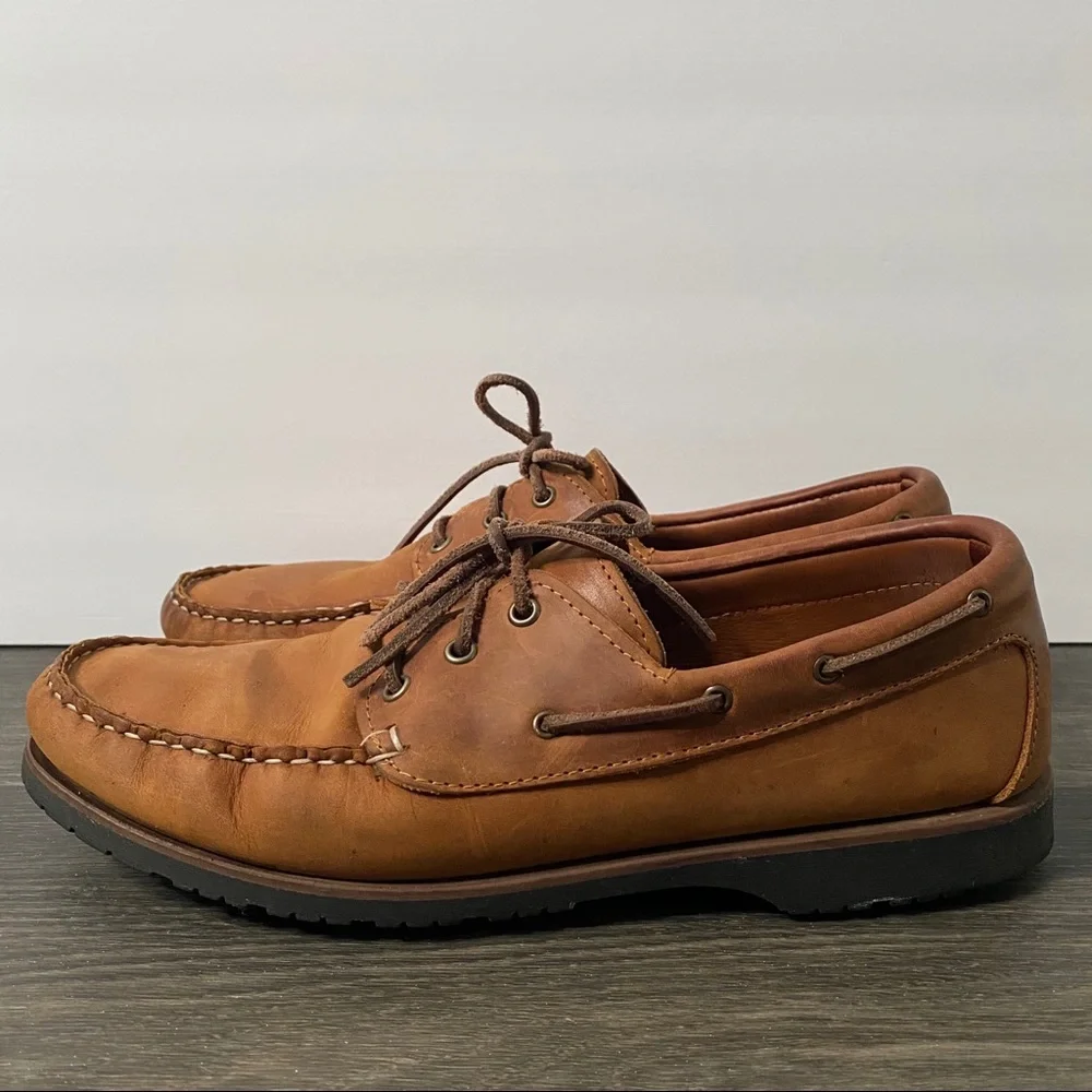 Quoddy Moccasin Boat Shoes Brown Leather Loafers Mens Size 12 Vibram Soles Tread - Picture 2 of 11